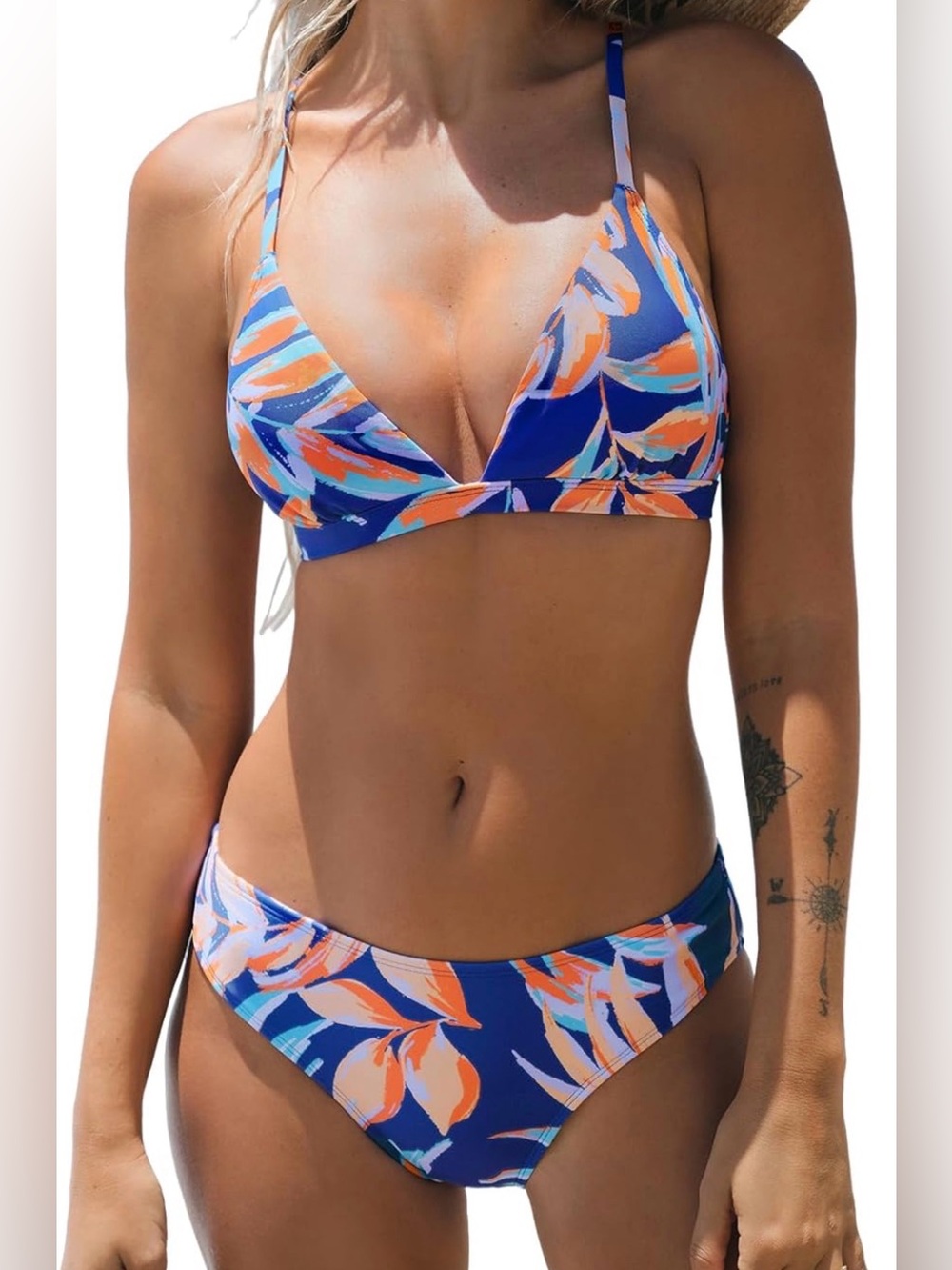 Cupshe Blue Orange Floral Print Triangle Bikini